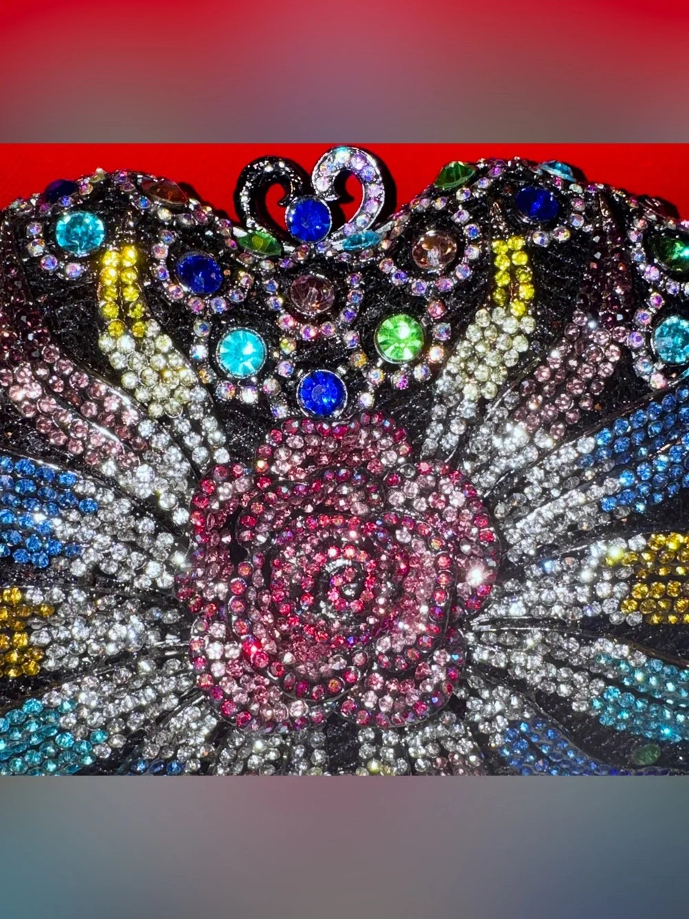 Crystal-Embellished Rose and Rainbow Color Vibrant sparkly Opera Clutch Bag